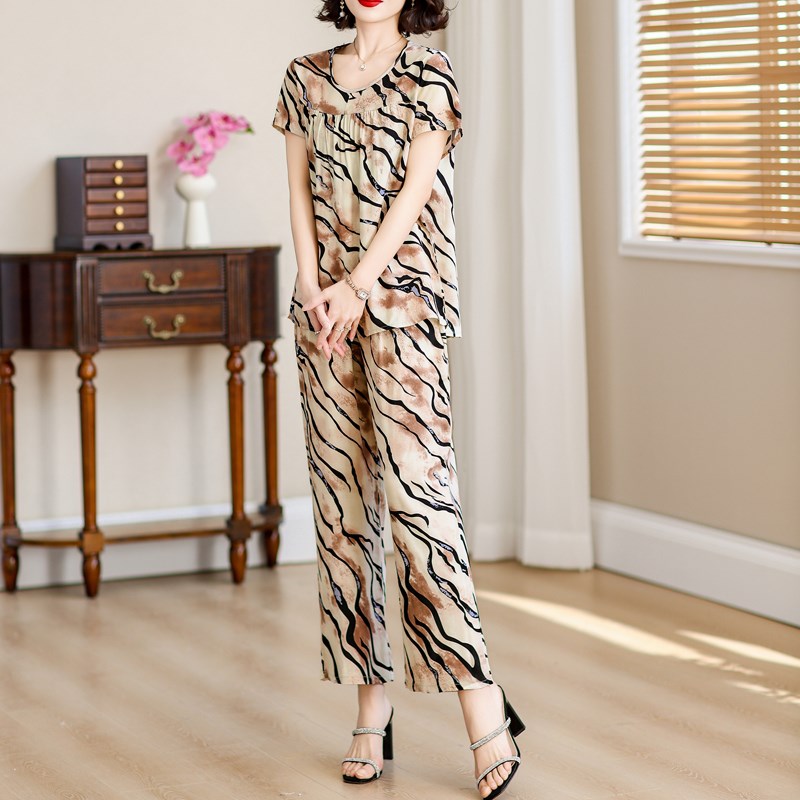 中老年妈妈装大码宽松棉绸套装女短袖印花长裤外穿薄款睡衣两件套