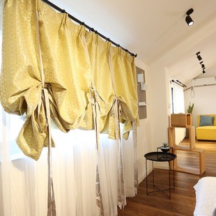 鸢尾乡旅北欧风柠檬黄遮光窗帘门帘穿杆帘挂钩式卧室提拉帘系带