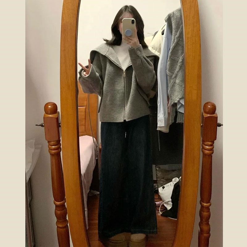 韩系宽松海军领披肩灰色毛呢外套女冬季新款短款小个子呢子大衣