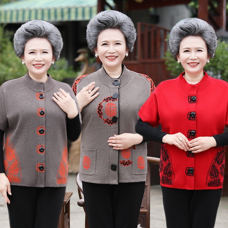 中老年针织半袖女羊毛衫开衫妈妈装马甲外套加肥加大码坎肩毛衣