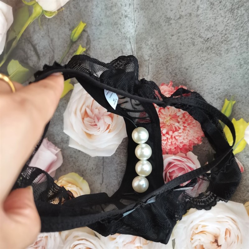 女生丁字裤蕾丝薄透明网纱底裤鲍里藏珠裆嵌大颗珠子摩擦舒服T裤