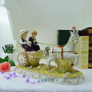 高档精品陶瓷工艺品摆件欧式 饰皇家马拉车男女孩摆设 豪华别墅装
