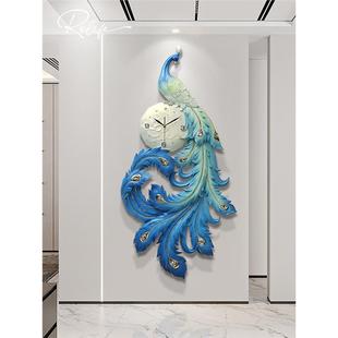 新中式浮雕孔雀挂钟画玄关装饰画轻奢立体2024年新款餐厅钟表挂画