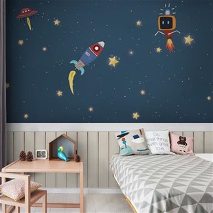 儿童房墙纸男孩卡通卧室墙布太空主题壁纸壁画定制壁布墙面装 饰