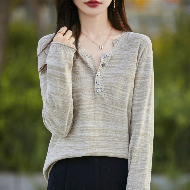 纯棉线宽松显瘦百搭精梳洋气长袖半开女V领时尚别致小众毛衣秋冬,女装/女士精品,毛针织衫,淘宝优惠券,粉丝福利购,淘宝优惠卷