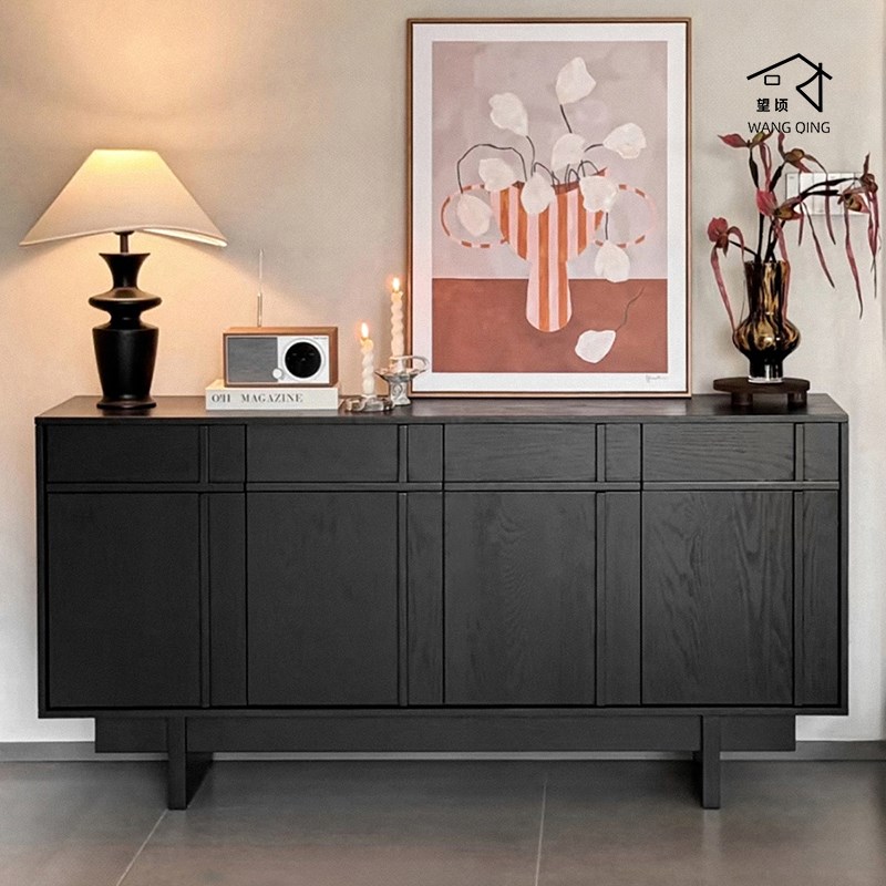 望顷 侘寂风黑色餐边柜白蜡木骨骼线实木斗柜客厅靠墙收纳储物柜