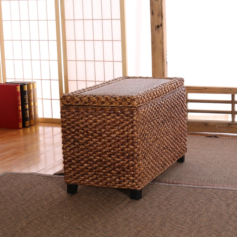 藤编实木收纳凳子储物凳门厅试换鞋凳玩具整理箱田园收纳箱子坐箱