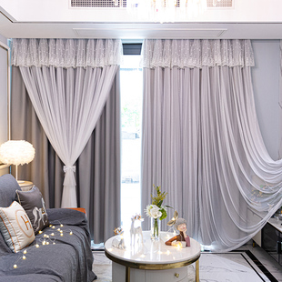 窗帘免打孔安装伸缩杆一整套2021年新款帘头布纱一体卧室客厅窗帘