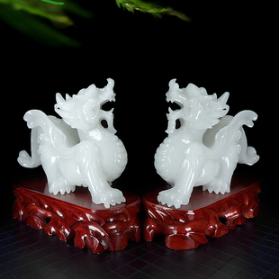 天然阿富汗白玉一对古雕貔貅摆件客厅办公室桌面玄关装 饰开业礼品