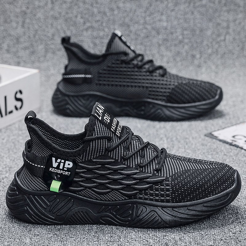 男鞋夏季透气2025新款飞织网面休闲运动跑步鞋男款防臭纯黑色鞋子