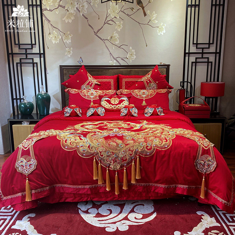 新婚中式绣花100支长绒棉婚庆四件套大红龙凤被套结婚床上四件套