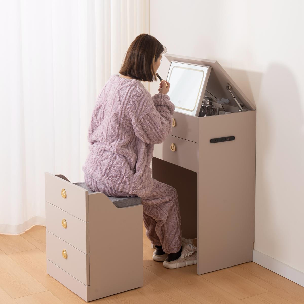 实木梳妆台小型卧室化妆桌小户型迷你翻盖化妆台床头柜收纳柜一体