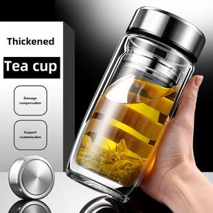 高端双层玻璃男士水杯、大容量鹅蛋形茶杯、微保温茶水分离福光