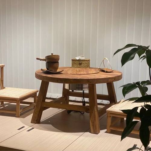 老榆木围炉煮茶桌实木小圆桌复古阳台中式茶桌户外围炉火锅烧烤桌