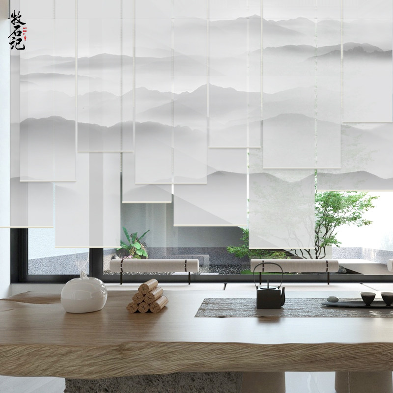 中式山水画卷帘窗帘隔断卷拉式遮阳遮光办公室升降式茶室定制电动