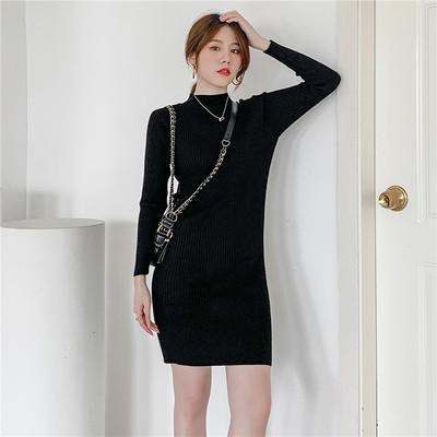 半高领打底衫女中长款加绒加厚秋冬内搭针织连衣裙修身打底毛衣裙