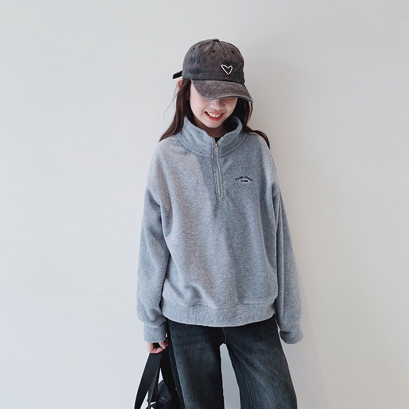 女童卫衣2024秋冬新款女大童初中生双面绒半拉链儿童学生加厚上衣