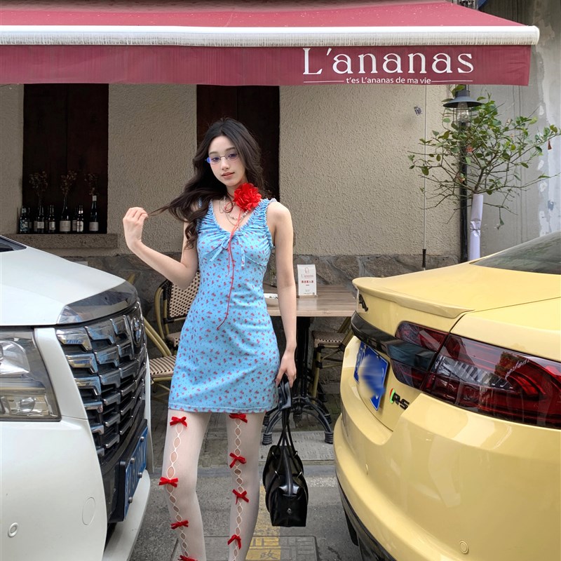 fortylions四十只狮 中长款v领吊带收腰连衣裙女夏季修身显瘦裙子