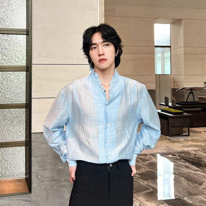 子上男装 法式复古宫廷风褶皱木耳边V领衬衫男小众高级感宽松上衣