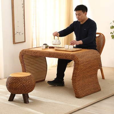 创意阳台茶桌椅组合实木藤编长方形榻榻米茶几客厅休闲小桌子简约