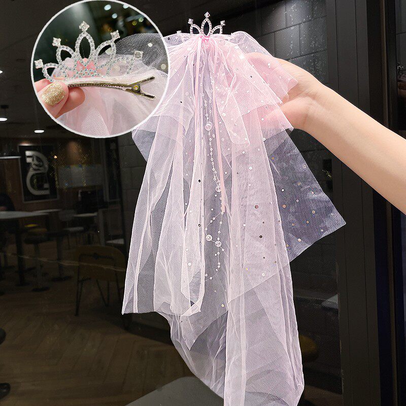 儿童皇冠头饰女童公主头纱发夹蕾丝披纱发卡小女孩王冠长款发饰品