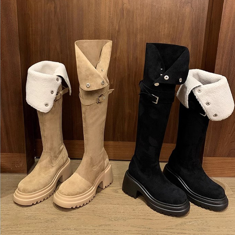 同款 8cm厚底~羊羔毛毛粗跟中高筒靴过膝长靴女秋冬弹力靴