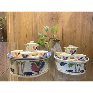 潮州老枫溪茶具手绘工夫公鸡茶盘 蓝彩粉彩牡丹茶杯盖碗 古玩收藏