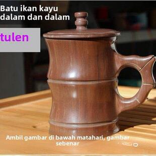 天然石材中式无蜡茶杯木鱼石水杯覆古竹节带盖杯子弱碱性餐饮茶具