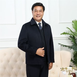 中老年人男士羊毛夹克秋冬装加绒加厚短款红色本命年爸爸毛呢外套