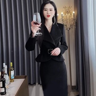 24秋冬新款时尚洋气毛呢套装裙女高级感百搭显瘦短款西服+半身裙