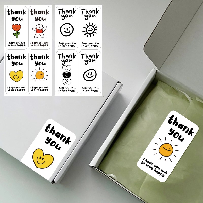 简约可爱表情感谢贴纸长方形飞机盒封口贴高颜值礼盒密封贴标签手