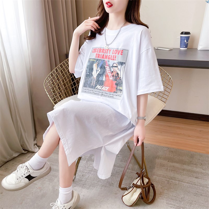 2024夏季纯棉短袖长裙宽松休闲过膝t恤裙中长款懒人连衣裙女显瘦