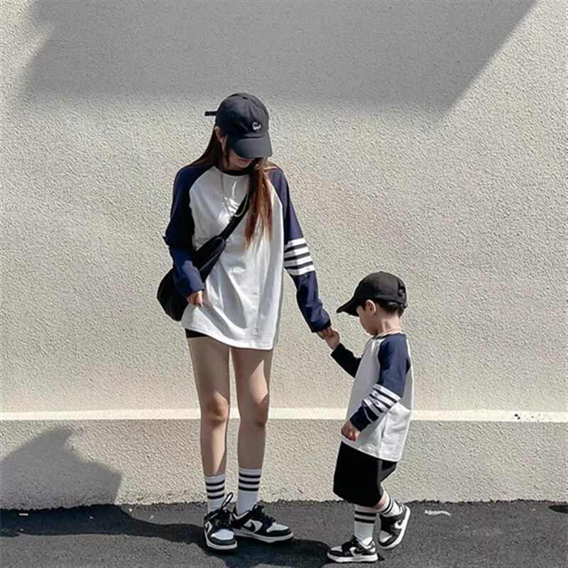亲子装儿童卫衣2024春秋时尚母女装一家三口母子插肩休闲T恤上衣