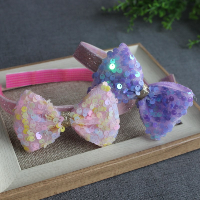 2022新款儿童亮片蝴蝶结公主粉紫蓝长刘海碎发贴魔术贴发箍软头箍