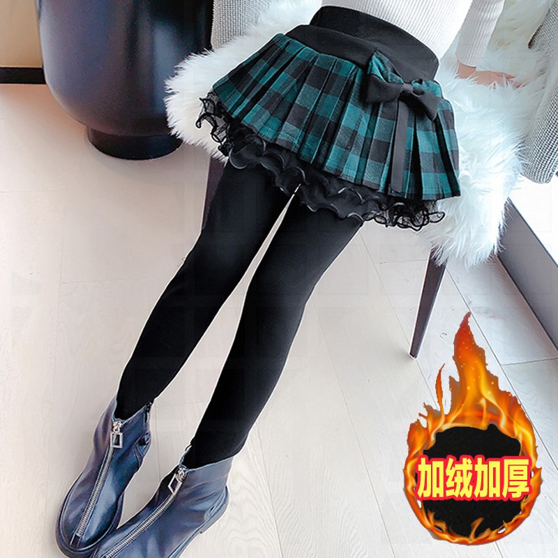 儿童格子加绒裙裤女童弹力童装假两件加厚小女孩打底裤蓬蓬裙冬季