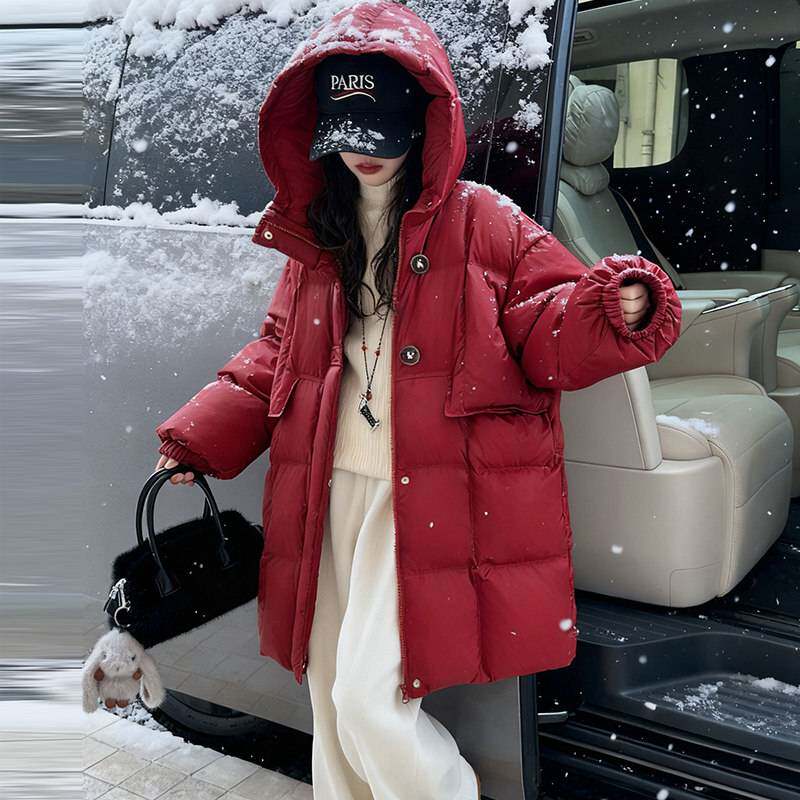 女童中长款棉衣冬装中大童装红色保暖棉袄女孩冬季加厚面包服外套