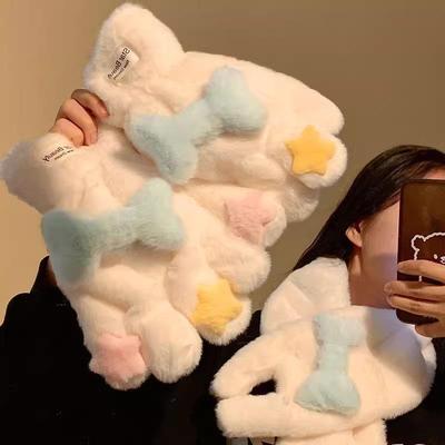 卡通星星小骨头五指手套女冬季可爱毛绒加厚保暖挂脖骑行防风防￡