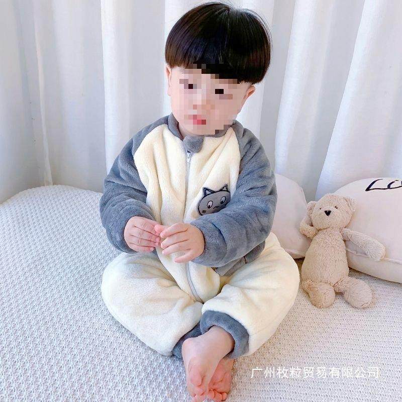 宝宝珊瑚绒睡衣秋冬四季儿童法兰绒防踢被睡袋男童四季连体衣外出