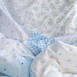 ICP六月雨白A类创碎花色条篮纹格子裸原睡全双层纱床单床上四棉件