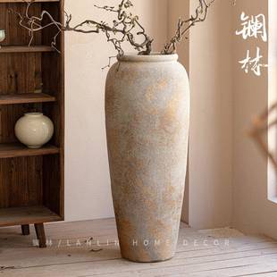 景德镇侘寂风粗陶陶花瓶L 074高感复级古民宿插花陶瓷罐落地言大