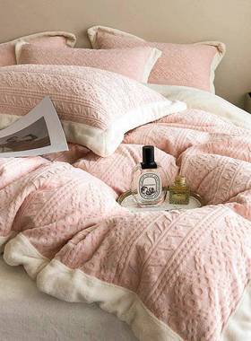 简约风色暖牛奶绒四IRK保件用套秋冬立体雕花珊瑚绒加厚被套床黄