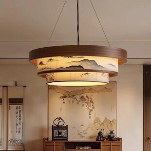 新中房式代美学布艺吊灯圆形禅意宋中式叶绘画AS086客竹厅餐厅卧