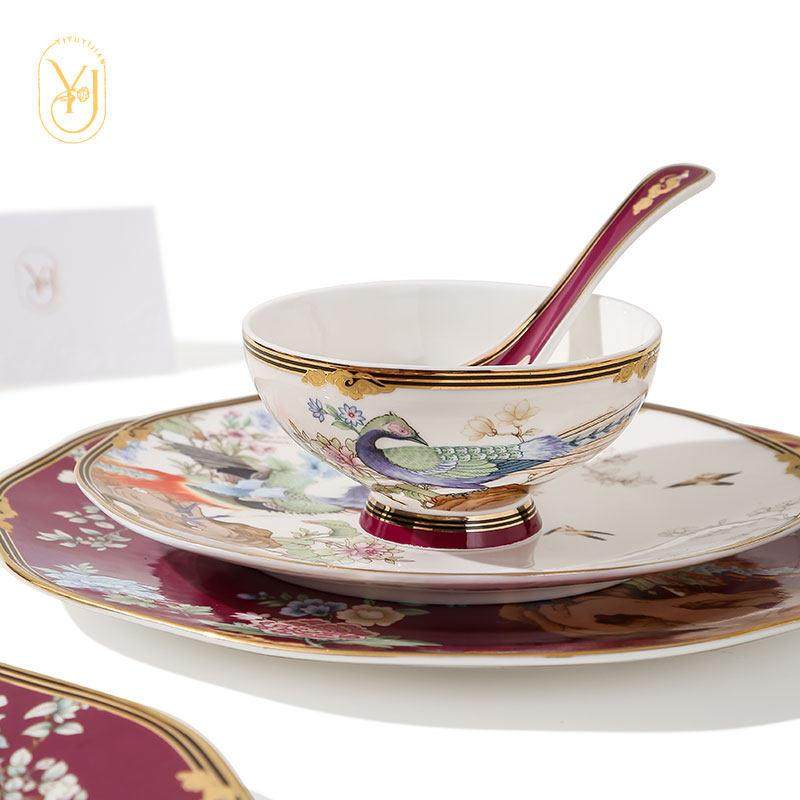 乔庆骨瓷红碗盘高档餐具套组会所家色用饭碗平盘凤凰和鸣新婚迁喜,餐饮具,餐具瓷器套装,淘宝优惠券,粉丝福利购,淘宝优惠卷