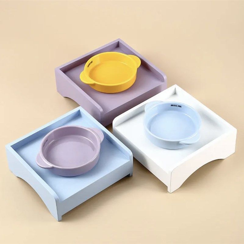 宠物餐桌ins风简约木质托盘彩色无孔护颈猫狗宠物碗架