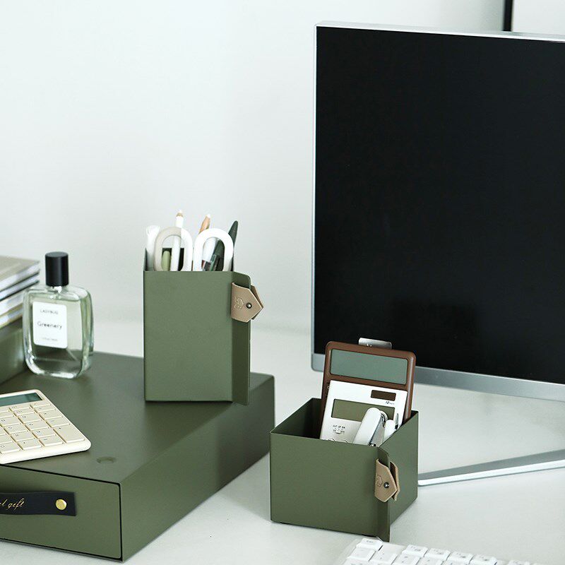 简约正方形笔筒 墨绿色收纳桶 桌面文具收纳盒 铁艺化妆品收纳盘,收纳整理,桌面收纳盒,淘宝优惠券,粉丝福利购,淘宝优惠卷