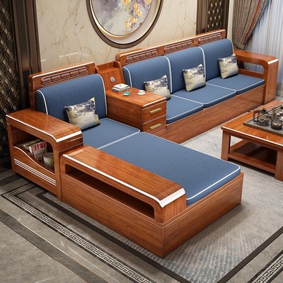 胡桃木实木沙发现代简约冬夏两用沙发客厅全实木小户型储物木沙发