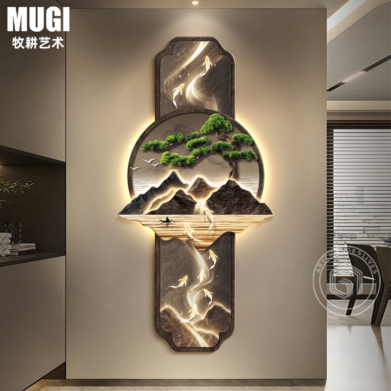 双层立体新中式入户玄关装饰画正对门九鱼图走廊过道尽头挂画图片