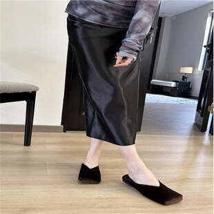 平跟鞋 春夏小众方头丝绒V口软平底拖鞋 女外穿2024新款 包头半拖鞋