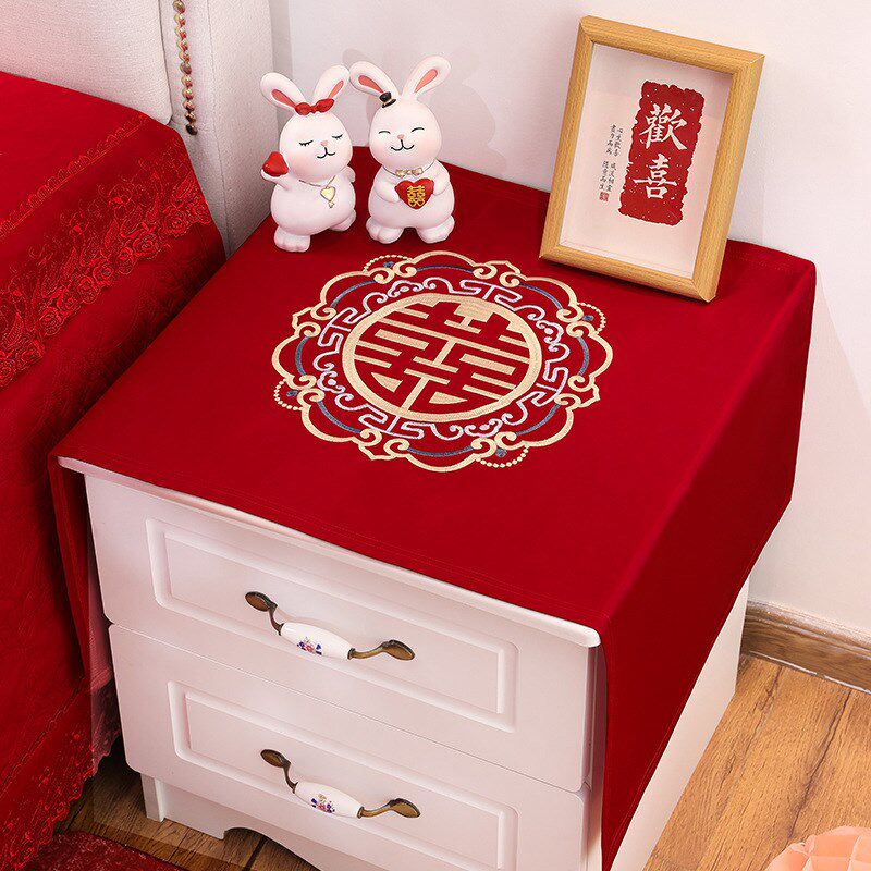 中式结婚床头柜喜盖布喜庆印花绸缎布艺盖巾喜字婚礼卧室婚房装饰