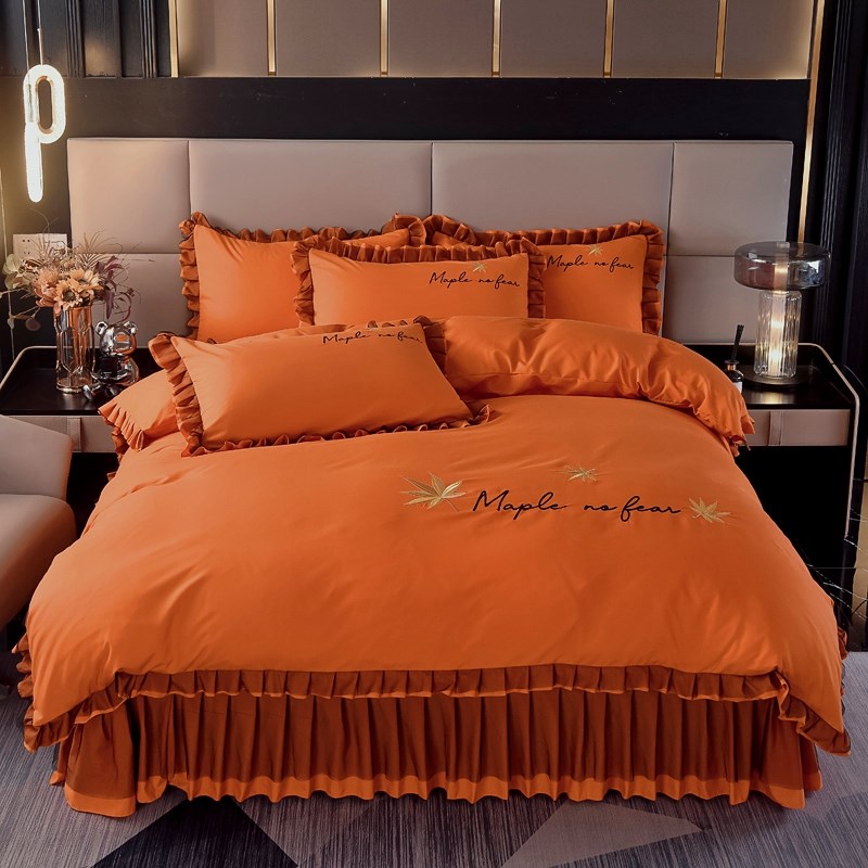 韩版刺绣款蕾丝边床单式床裙四件套件公主风绣花水洗棉磨毛四件